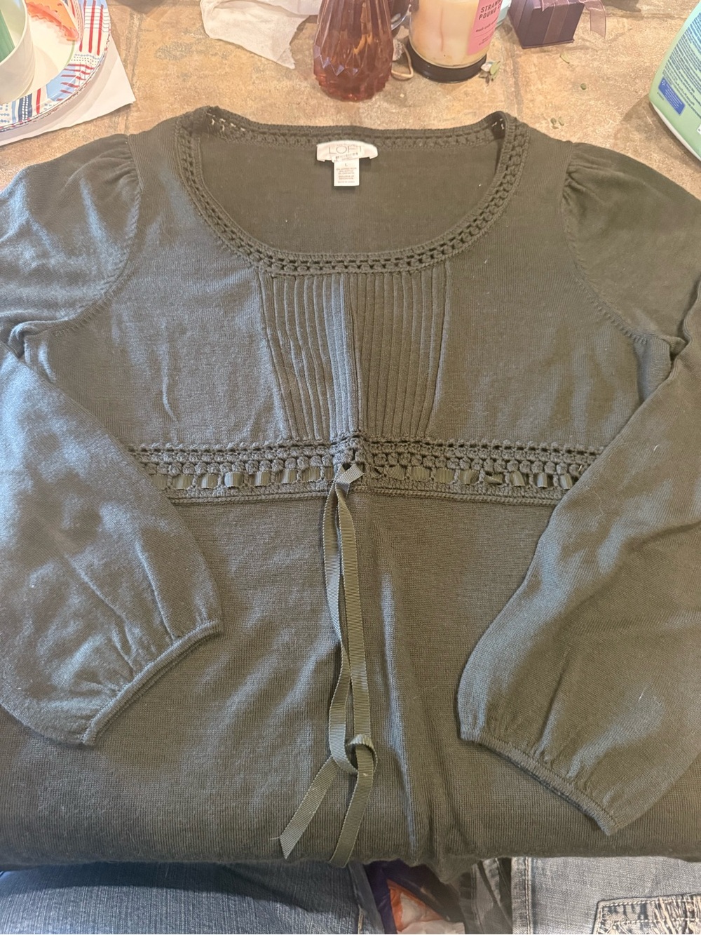 Loft olive green knit puff sleeve